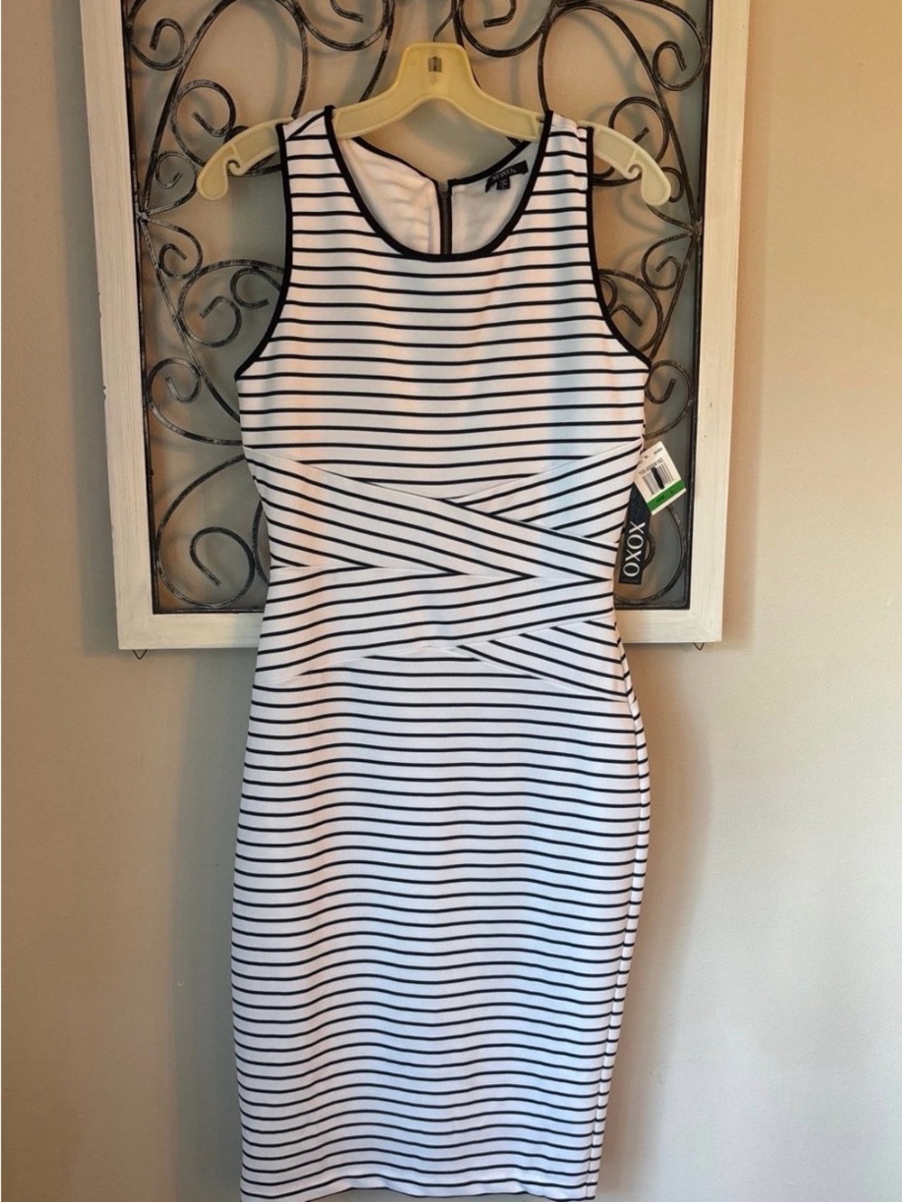 XOXO Black and White Striped Midi Sheath Dress
